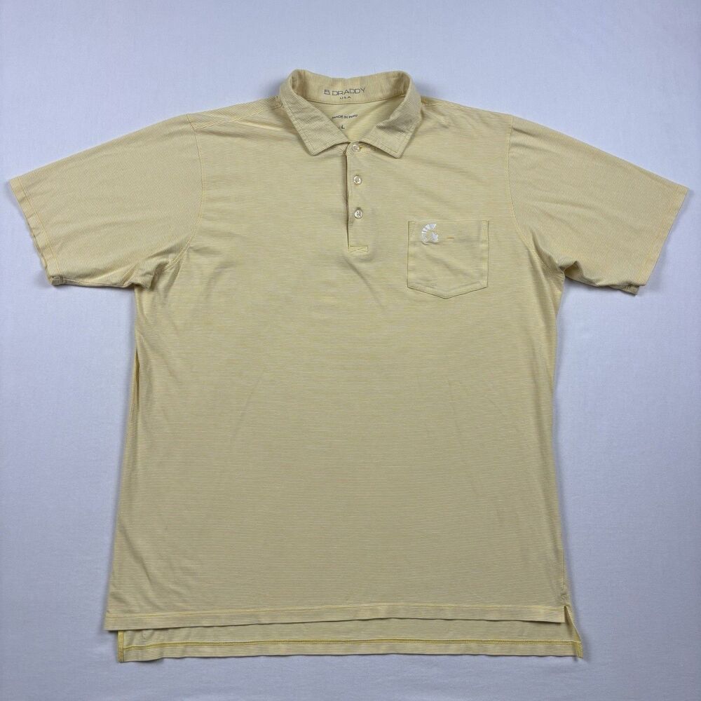 B Draddy Shirt Mens L Golf Polo Yellow White Pima Cotton Striped Short Sleeve